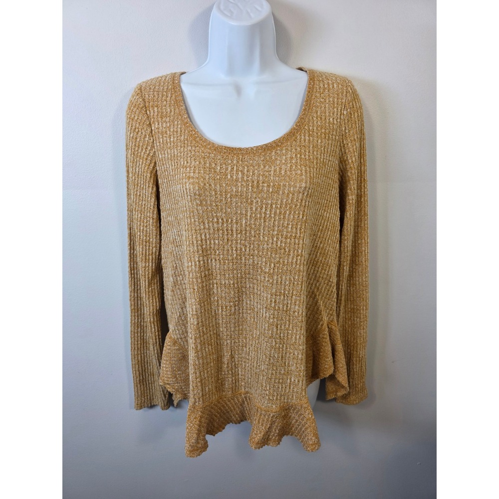 Saturday Sunday Anthropologie Mustard Waffle Knit Ruffle Peplum Top Small